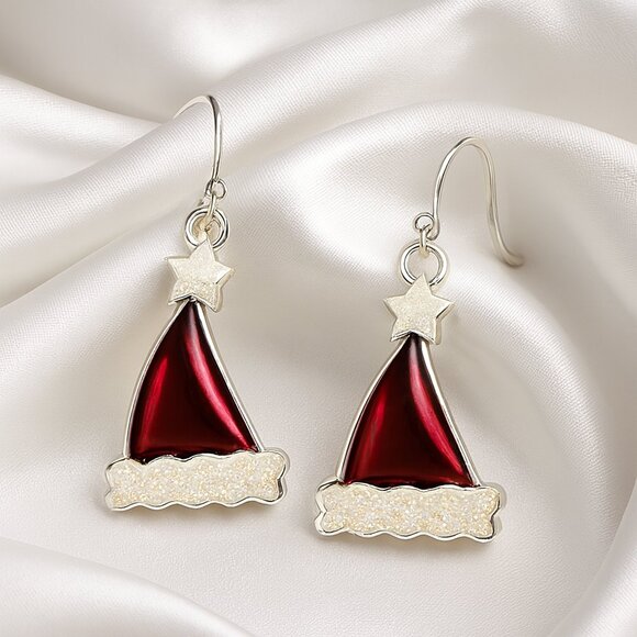 Santa Hat Earrings – Festive Red Enamel & Glitter Holiday Dangle Women's Jewelry - Picture 1 of 9
